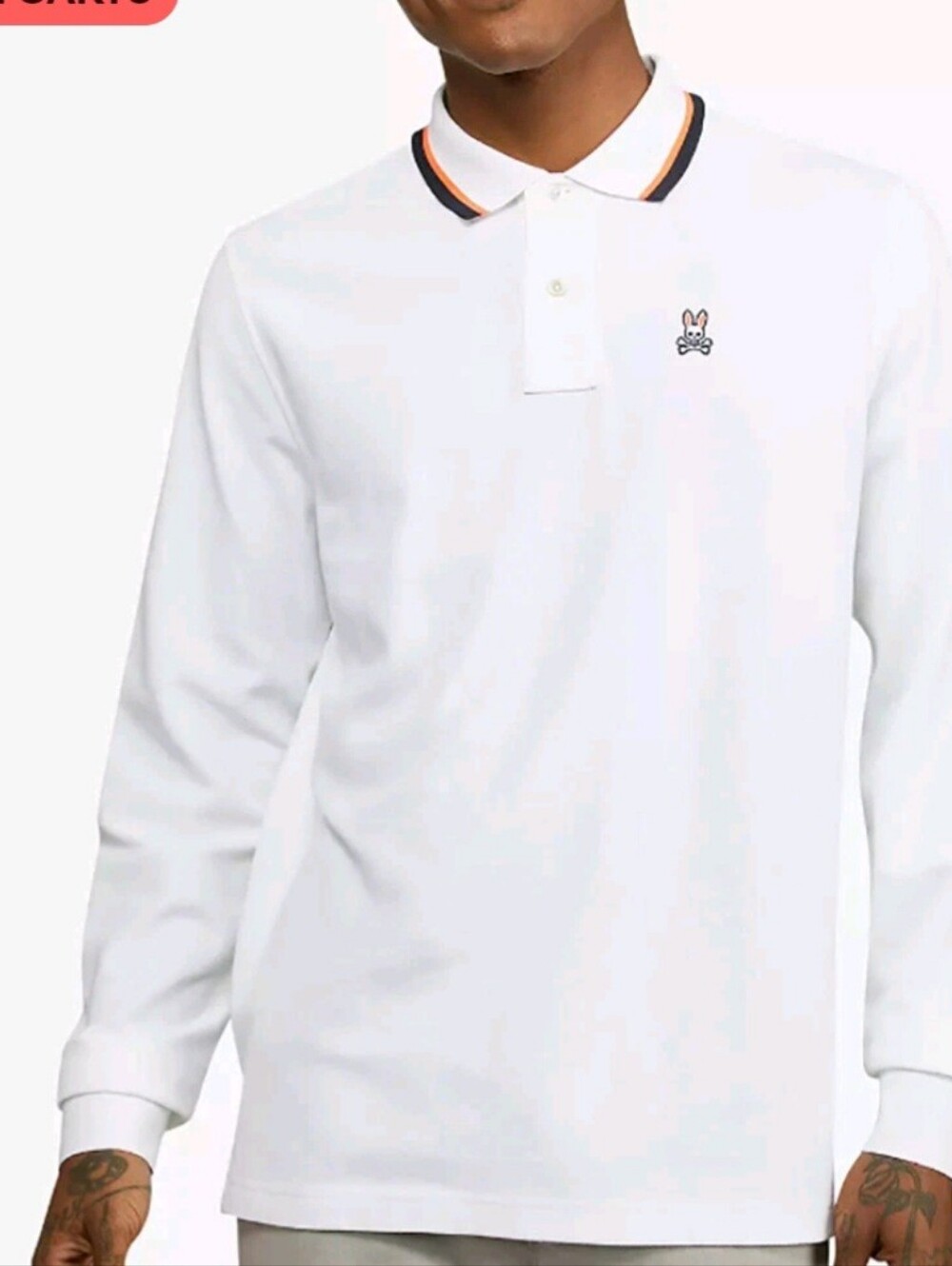 Psycho Bunny White Long-Sleeve Polo with Black and Orange Trim With Logo